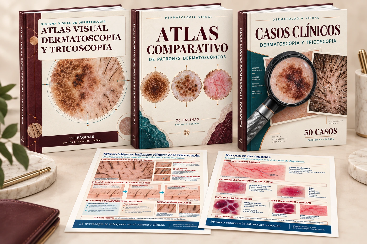 Mockup de los tres materiales centrales de Dermatología Visual